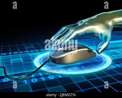 Android hand grabbing a mouse in cyberspace. Digital illustration. Stock Photo