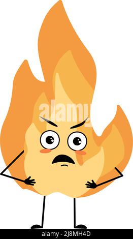 Cute flame character with angry emotions, grumpy face, furious eyes, arms and legs. Fire man with irritated expression, hot orange person. Vector flat illustration Stock Vector