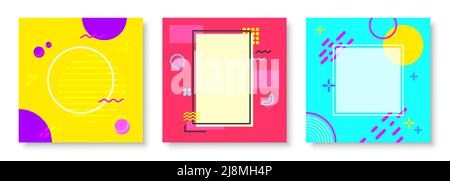 Memphis geometric frame retro card color flat set. Story frame social media poster ads product flyer to fill bold hipster retro fashion banner abstract outline colorful square rectangular shape vector Stock Vector