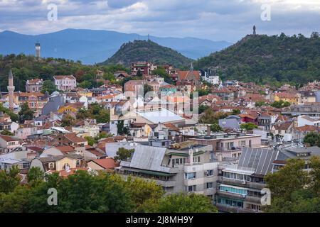 Old Town of Plovdiv city, capital of Plovdiv Province in south-central Bulgaria, view with hills called Danov, Youth and Liberators Stock Photo