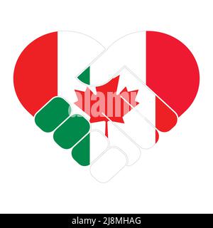 Handshake symbol in the colors of the national flags of Canada and Italy, forming a heart. The concept of peace, friendship. Flat vector illustration. Stock Vector