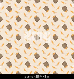Seamless pattern with golden ear of wheat and sack on background. Print grains for making flour and cereals, baking bread and other food products. Vector flat illustration Stock Vector