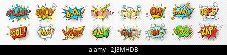 Vector set comic speech bubbles, book sound effects. Pop art messages different shapes, emotions. Comics font label tag expression, fun book balloon. Cartoon explosion cloud phrase on white background Stock Vector