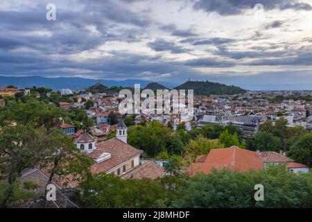 Old Town of Plovdiv city, capital of Plovdiv Province in south-central Bulgaria, view with hills called Danov, Youth and Liberators Stock Photo