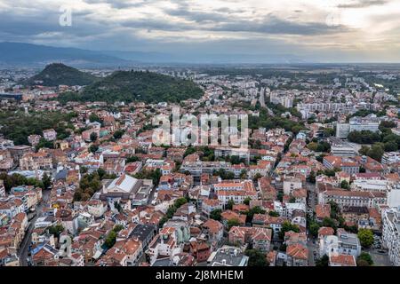 Aerial drone view of Old Town of Plovdiv city, capital of Plovdiv Province in south-central Bulgaria, view with hills called Danov, Youth and Liberato Stock Photo