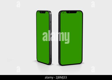 3d render realistic phone green screen mock-up for 3D illustration mobile promos, chroma key mock-up Stock Photo