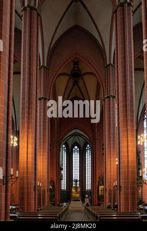 Tall columns and vaulted arched ceiling inside the medieval St. Bartholomew Cathedral, Frankfurt am Main, Germany Stock Photo