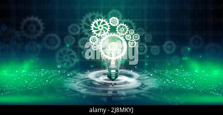 Light bulb with cog inside. Business idea bulb gear mechanism icon network connection with Creativity, Imagination, inspiration. Innovation, Leader. Stock Photo