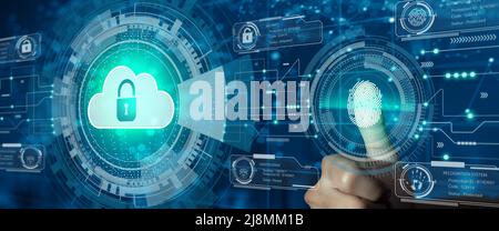Businessman use finger scan on Cloud with Padlock icon on network connection. Digital technology background. Cloud computing, Cloud security. Stock Photo