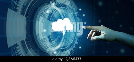 Businessman hand click on Cloud computing technology internet storage network. Blue technology background. Cloud technology and Cloud storage Concept. Stock Photo