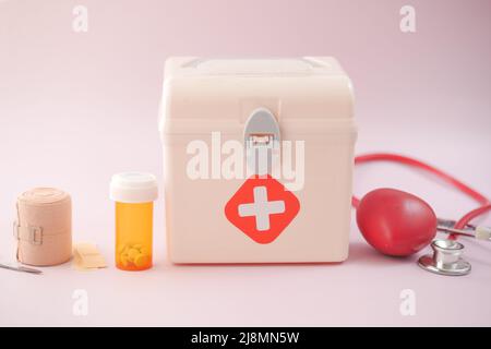 first aid kit box and medicine on table  Stock Photo