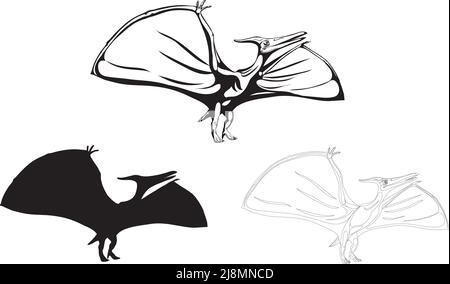 Pterodactyl,dinosaur realistic image, vector, positions, illustration, black and white, silhouette, logo, trademark, chevron for decoration and design Stock Vector