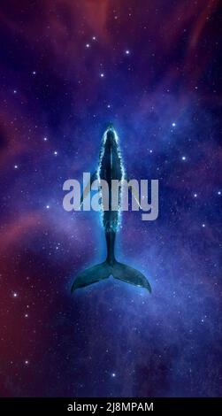 Big whale swims in deep space of stars, nebulae and galaxies. Fantasy landscape cosmos diving blue whale in starry sky. 3d render Stock Photo