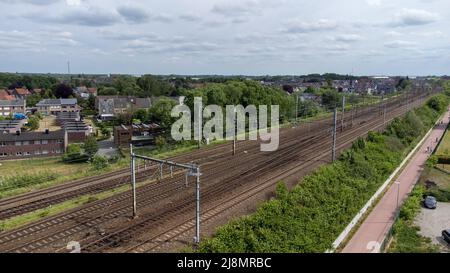 Malines, Antwerp, Belgium, May 16th, 2022, Empty railroad running through the city of Mechelen. High quality photo Stock Photo