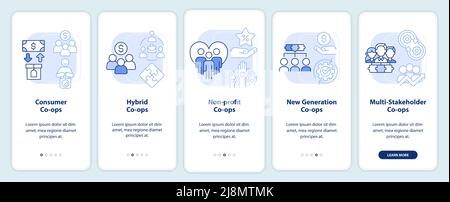 Types of business co-ops light blue onboarding mobile app screen Stock Vector