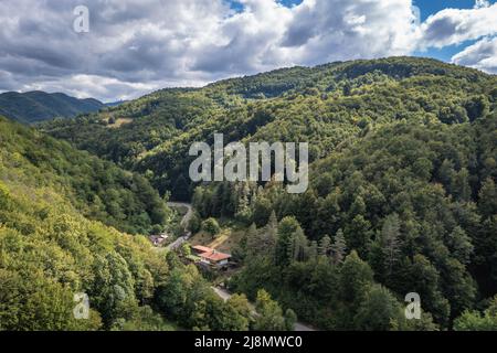 Aerial view over Etar Architectural and Ethnographic Complex near Gabrovo town in northern Bulgaria Stock Photo