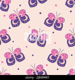 Seamless background with butterflies in purple and pink, bright pastel colors. Cute vector pattern for children, baby shower, gift wrapping paper, scr Stock Vector