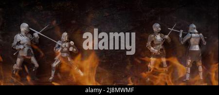 two knights in the ancient metal armor fighting in fire near the stone wall Stock Photo