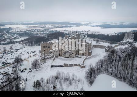 Aerial view of Ogrodzieniec ruined medieval castle in Podzamcze village, in so called Polish Jura region of Poland, part of Trail of the Eagles' Nests Stock Photo