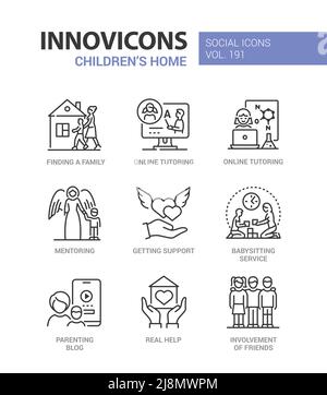 Home for children and adoption - line design style icons set Stock Vector