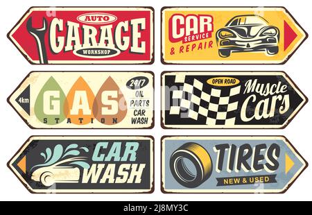 Retro collection of cars and transportation sign boards. Garage, gas station, muscle cars, tires, services and car wash posters and labels. Vector ill Stock Vector
