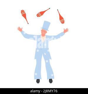 Circus artist juggling maces. Amusement arena juggler show, magician performance vector illustration Stock Vector