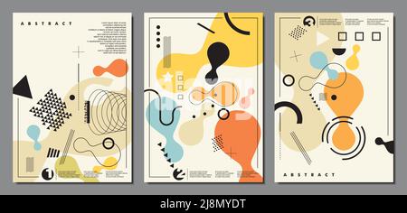 Abstract geometric art made from various shapes, lines and design symbols and elements. Creative Memphis style brochure design set. Stock Vector