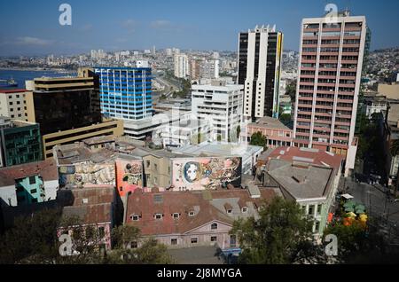 Valparaiso, Chile - February, 2020: Panoramic view of Valparaiso city, Bellavista district. High-rise buildings in old part of city and view of houses Stock Photo