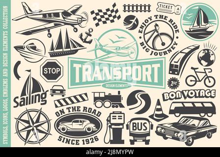 Set of transportation icons, logos, symbols, emblems, signs and design elements. Travel vector objects and vehicles. Stock Vector