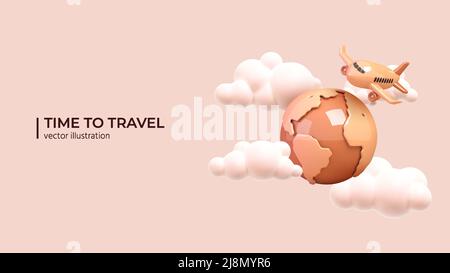 The plane flies around the planet in beautiful white clouds. Realistic 3d design of Travel concept in cartoon minimal style. Vector illustration Stock Vector