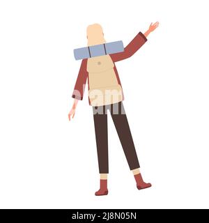 Female tourist showing direction. Camping travelling backpack equipment vector illustration Stock Vector