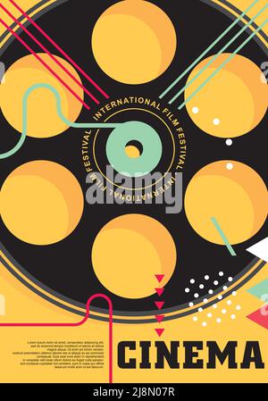 Movie or film festival poster design template with film reel on yellow background. Perfect layout for banner, flyer, brochure, leaflet, publication. Stock Vector