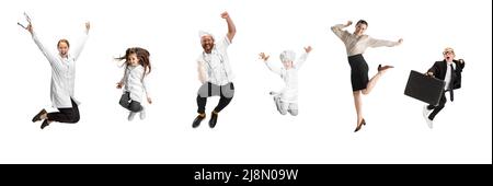 Composite image with cute beautiful little girls and boy, kids in image of nurse, businessman and female doctor, cook jumping isolated on white Stock Photo