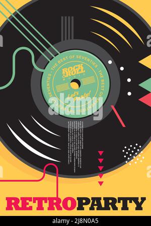 Vinyl record graphic design for retro party poster. Abstract Memphis style template for seventies music party invitation or concert flyer. Stock Vector