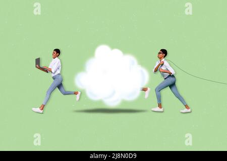 Creative collage of busy motivated person running pull difficult rope isolated on green color background Stock Photo