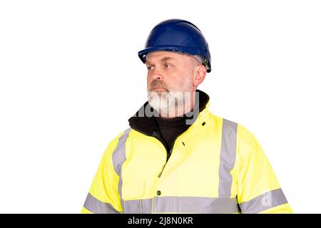 A construction worker in a blue hat and yellow hi-viz coat on white  background with cpace for text Stock Photo - Alamy