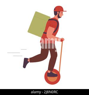 Food delivery courier on self balancing scooter. Express meal shipping vector illustration Stock Vector