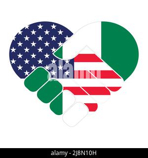 Handshake symbol in the colors of the national flags of USA and Nigeria, forming a heart. The concept of peace, friendship. Stock Vector