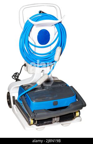 Automatic robotic vacuum cleaner for cleaning various forms of swimming pools from all kinds of dirt. Close-up. Isolated on white background. Stock Photo