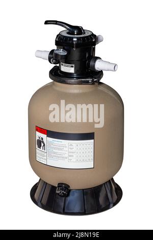 Ceramic flask of the sand filter for pools for increase in transparency of water. Isolated on white background. Stock Photo