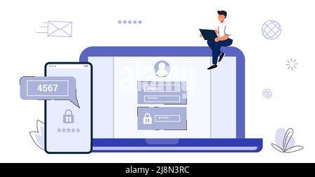 2fa Two factor authentication password secure notice login verification code Notice with code fo sign in Two steps factor verification via laptop and Stock Vector