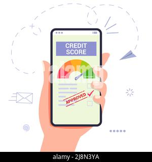 Credit score vector illustration Wealth evaluation Payment history data meter Financial information about the client Hands holding smartphones with cr Stock Vector
