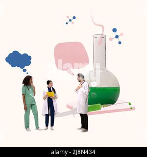 Contemporary art collage. Professional chemists doing scientific researches on medical laboratory, conducting experiments, developing treatment Stock Photo