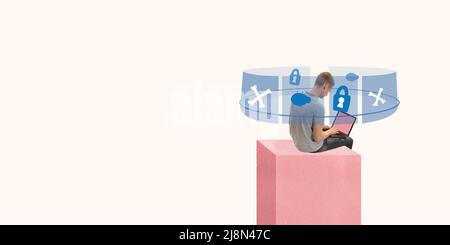 Contemporary art collage. Professional programmer working on developing new protective app for personal data security Stock Photo