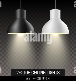 Vector set of black and white turned on pendant ceiling light shades, isolated on transparent background. Stock Vector