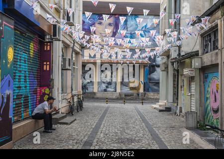 Street in Kapana - The Trap famous art quarter of Plovdiv city, capital of Plovdiv Province in south-central Bulgaria Stock Photo