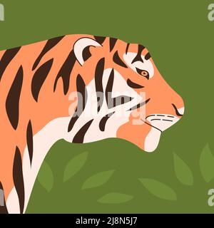 Bengal or Amur tiger head. Big wild cat. Strong animal predator. Striped orange skin. Fauna and zoo. Flat vector illustration with wild nature backgro Stock Vector