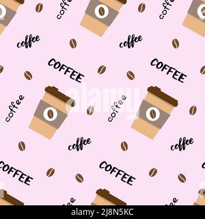 Vector seamless pattern with coffee cup, lettering and beans. Beautiful print in pastel tones. Background for textile, clothes, coffee shops, cafe and Stock Vector