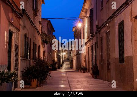 Illuminated empty alley amidst plants and buildings in old town at night Stock Photo