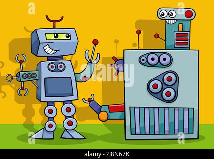 Cartoon illustration of two funny robots comic characters talking Stock Vector